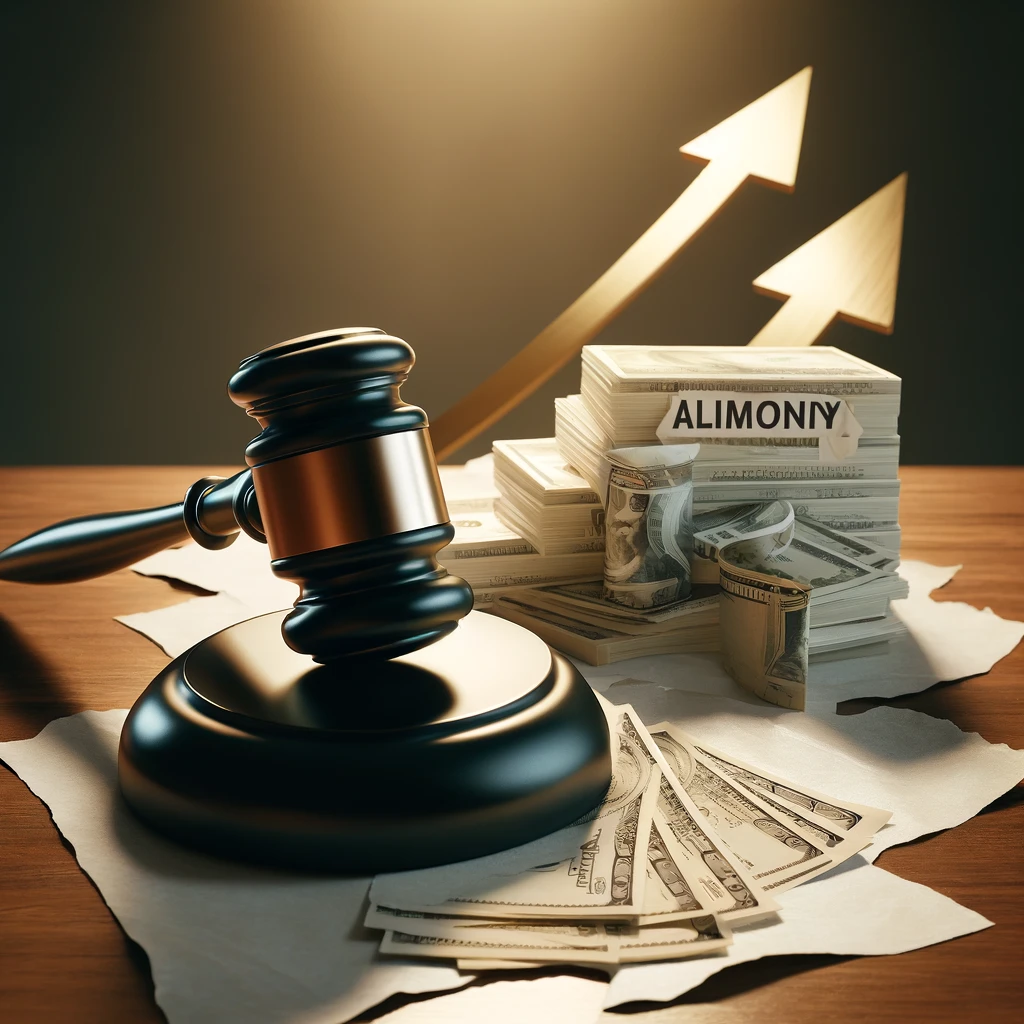 A conceptual image depicting a judge's gavel on a wooden surface, illuminated by a spotlight with a dramatic shadow in the background. In front of the gavel, there are scattered dollar bills and a stack of money labeled 'ALIMONY' with a golden arrow pointing upwards behind it, indicating an increase in alimony payments. This image symbolizes the legal authority and financial obligations involved in alimony decisions within a divorce proceeding.
