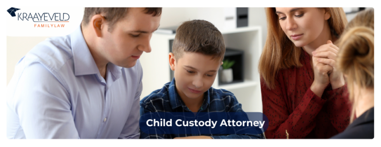 Divorcing parents discussing child custody with their son and a lawyer